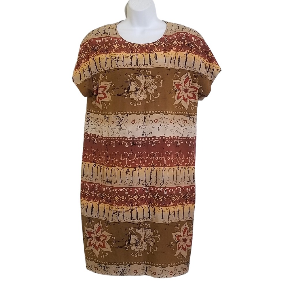 Jones New York Dress VTG 80s 90s Silk Linen Shift Knee Length Brown Short Sleeve